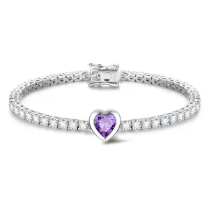 FANCIME "Axis" Heart Cut February Birthstone Amethyst Sterling Silver Tennis Bracelet