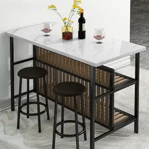 AWQM 3-Piece Kitchen Island Set with Storage, Faux Marble Dining Table & Chairs for 2, Small Space, White/Brown/Walnut