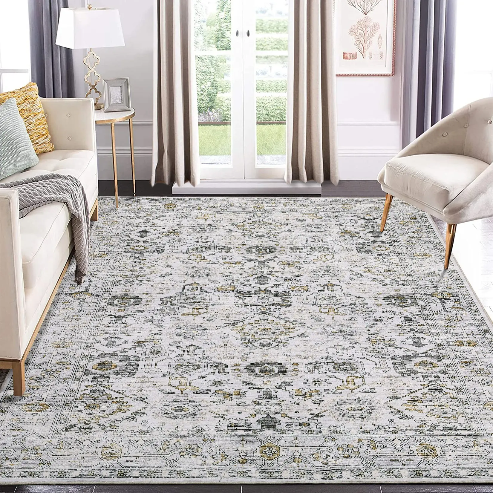 Washable Area Rug Hallway Long Strip Carpet Low Pile Soft Carpet Vintage Printed Carpet Foldable Indoor Carpet for Living Room Bedroom Hallway Home Decor