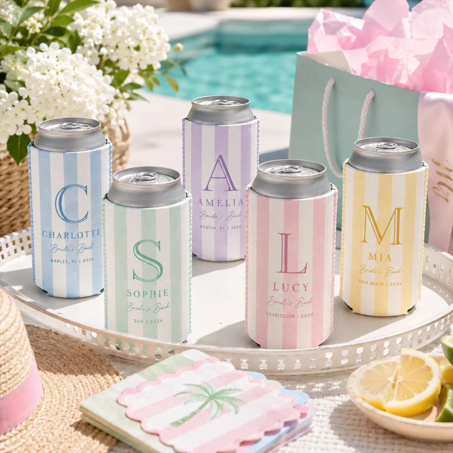 Personalized Can Cooler, Custom Monogram Drink Sleeve, Striped Slim Can Holder, Bachelorette Party Favor, Bridesmaid Gift, Summer Pool Gift