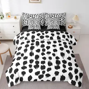 Black Polka Dots Comforter Set,7 Piece Abstract Geometric Spots Bedding Sets,for Boys Men,Boho Brush Stroke Bed in A Bag,with Sheets