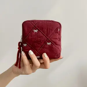 Quilted Bow Cosmetic Bag, Makeup Bags, Travel Portable Toiletry Bag, Lipstick Pouch, Sanitary Pad & Menstrual Pad Organizer Pouch, Cosmetics Organizer, Handheld Cosmetic Pouch