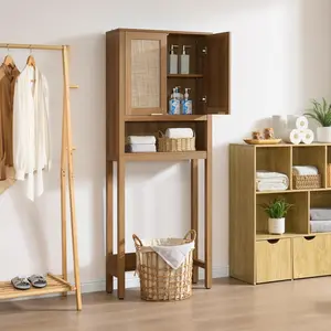 SICOTAS Over The Toilet Storage Cabinet with Rattan Door, Freestanding Bathroom Organizer with Adjustable Shelf, Space Saver Cabinet for Bathroom, Laundry Room, Restroom