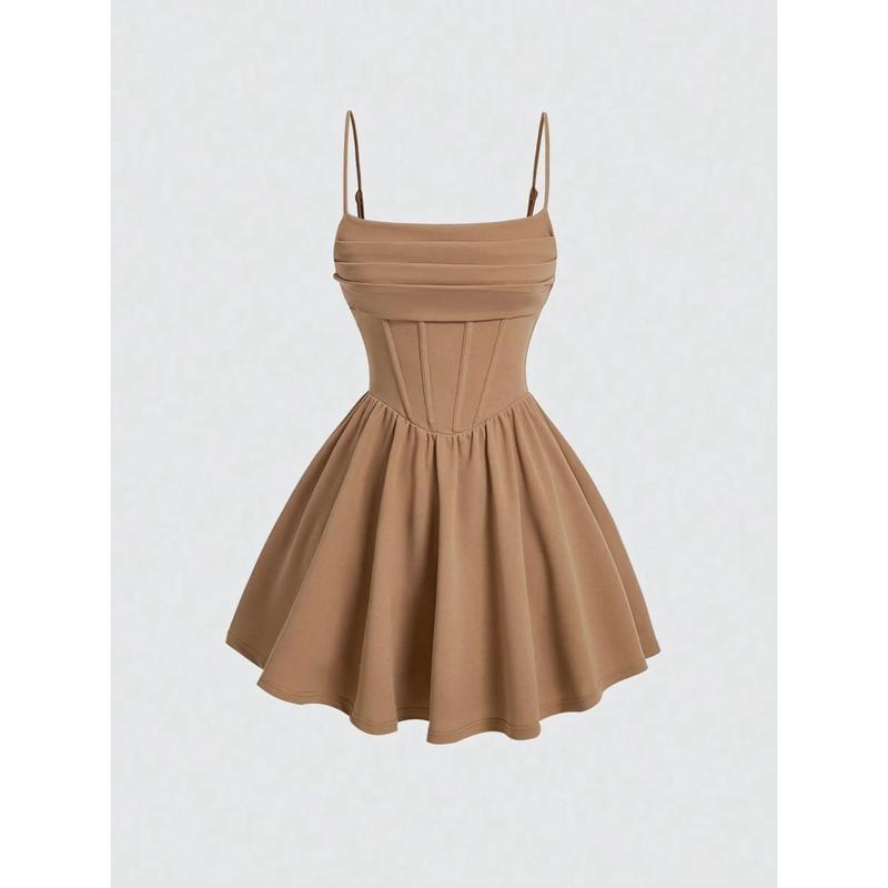 Fashion Dress Solid Color Ruched Back Zipper Strap Dress Casual Womenswear White Formal nadia  outfit