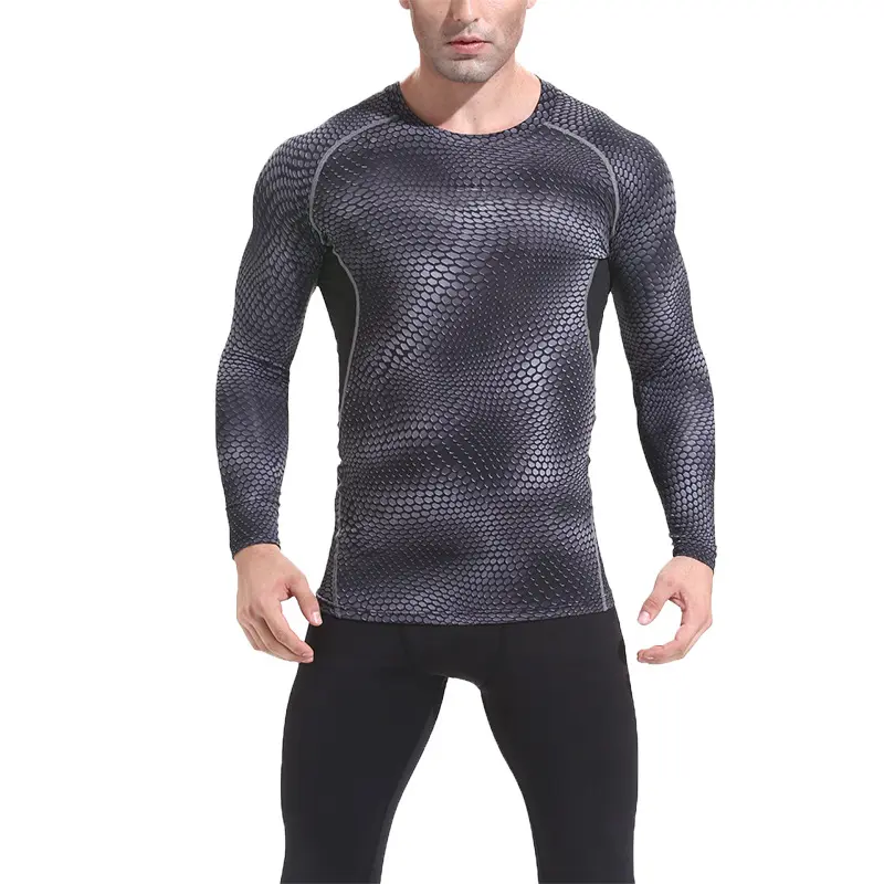 Men's Slim-Fit Long Sleeve Compression Training Shirt, Breathable Quick-Dry Lycra-Spandex Round Neck Top for Fitness & Biking, Dark/Light Snake Patterns, All Seasons, Multi-Size, Fitness and Beauty Focused, Snake Print, Male