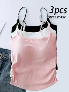 Girl's summer leisure outing sleeveless solid color regular version knitted top vest, pleated camisole vest with built-in chest cushion, inner and outer wear design, slim fit and beautiful back wrapped around the chest, suitable for teenage girls, casual