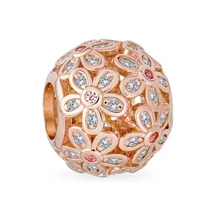 Sterling Silver Floral CZ Bouquet of Flowers Charm Bead Mother Rose Gold Plated for Bracelet