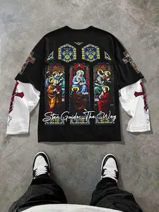 Religious Stained Glass Long Sleeve Graphic T-Shirt, Church Window & Saint Element Retro Faith Trendy Aesthetic, Casual Fitted Short Top