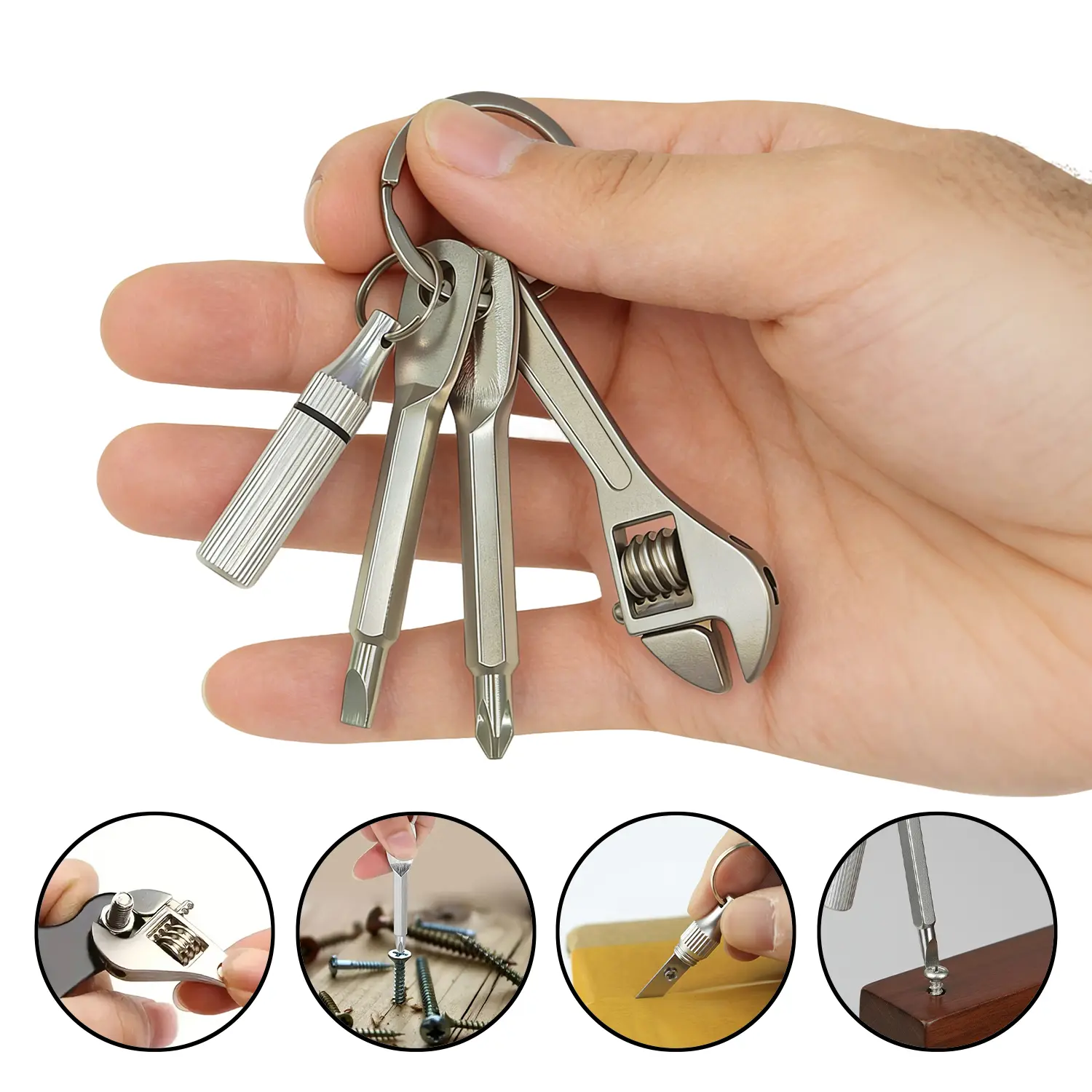 Metal 4-in-1 Mini Keyring Multitool Set, Portable EDC Pocket Repair Tool for EDC Users, with Adjustable Wrench, Phillips Screwdriver, Flathead Screwdriver, Compact Cutter for Home/Bike Use