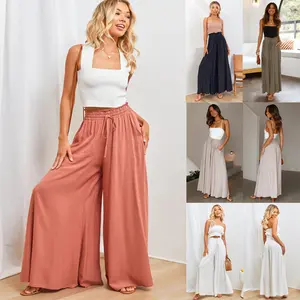 Women's High Waist Wide Leg Pants, Tie Drape Loose Slimming Casual Vacation Straight Long Pants