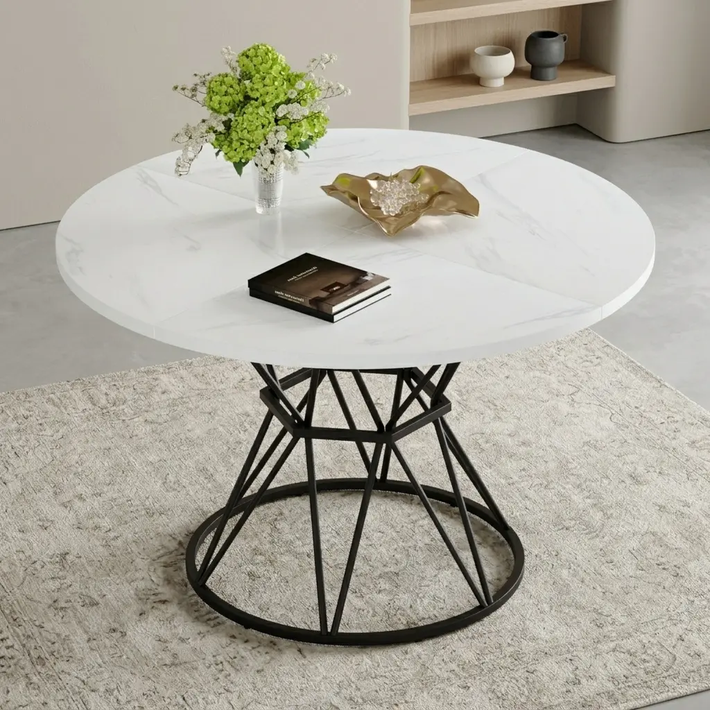 littleox 47.3 Inch Round Circular Dining Table for 4-6 People, White Marble Pattern MDF Tabletop with 4 Spliced Boards, Modern Industrial Style Hourglass Shaped Black Metal Frame Legs, Freestanding Dinner Kitchen Table for Home Dining Room Apartment
