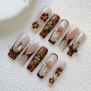 Long Square Nails with Brown French Tip 3D Cherry Designs and 3D Flowers for Elegant Manicure