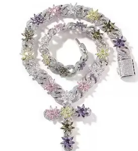 2125 Niche Design Cross Necklace, Colorful Ice Flower Pattern, Unisex Zircon-Inlaid Hip Hop Jewelry, Winter Trendy Accessory Complimentary shipping Gold Plated Cuban