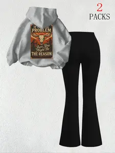 Women's Warm Sweatshirt Set + Slim Fit Flare Pants, Casual Winter, Cow Head Letter Print, Kangaroo Pocket Design, Womenswear, Flared