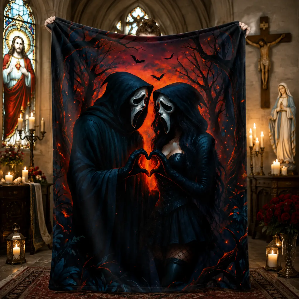 Hooded Lovers Flannel Blanket, Gothic Romance Print, Soft Cozy Lightweight All Season Body-Warming Dark Decorative Blanket for Sofa, Bedroom, Anniversary Gift, All Season Blankets, Body-Warming Blankets