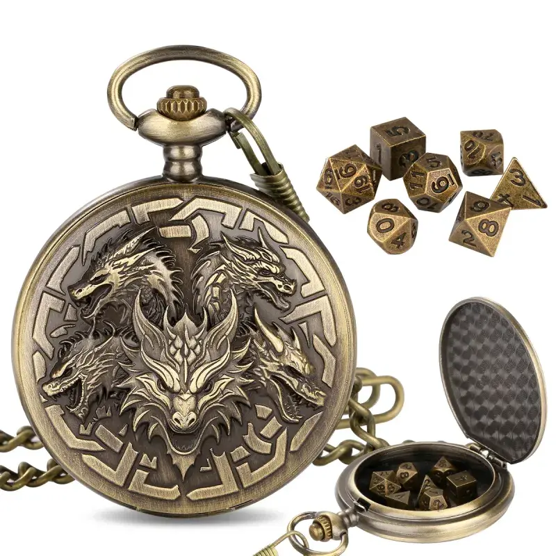 GZ TJKD Crafts Limited 7-Piece Polyhedral Metal Dice Set with 3D Carved Watch, Christmas Tabletop Game Accessory, Versatile Use Birthday Gift for Women