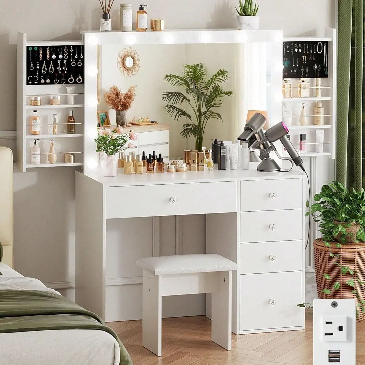 Women's Glam Sturdy Waterproof Modern White Light-Up Makeup Vanity Desk with Outlet, 2 Sliding Hidden Drawers, Large Mirror, 14 Adjustable Lights (3 Color & Brightness Settings), Included Stool, Room Decor Storage Solution