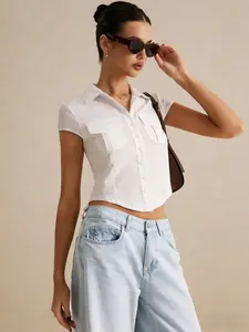 1 Pc Women's White Cropped Button Down Shirt Short Sleeve with Dual Chest Pockets Slim Fit for Casual Office Daily Wear