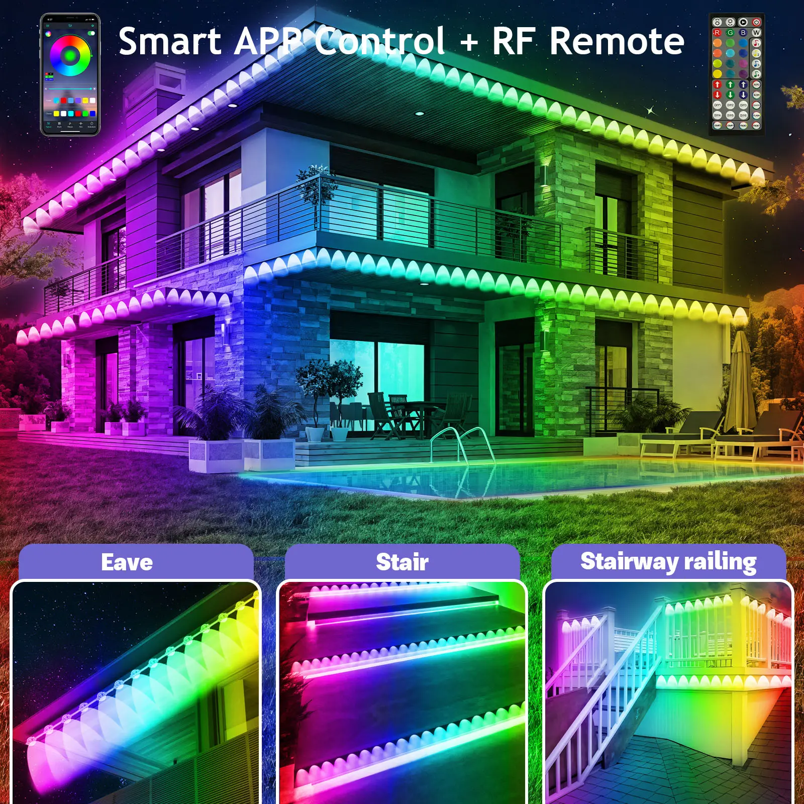 Permanent Outdoor Light IP67 Waterproof RGB Outdoor LED Continuous Light, with App and Remote Control, Best for Parties, Valentine's Day Decoration, Garden and Outdoor Lighting Gifts for Men and Women Friends lights led lights bedroom tape light lights su