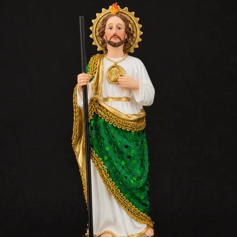 9inch San Judas Tadeo Statue - Green and Gold Robes, Holding Staff, Religious Decorative Figurine