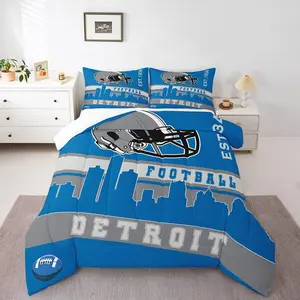 Football City Comforter Set,Football Blue Grey Rugby Game Bedding Comforter Sets,Football Fans Bedroom Decor Sports Ball Team Quilt(Detroit)