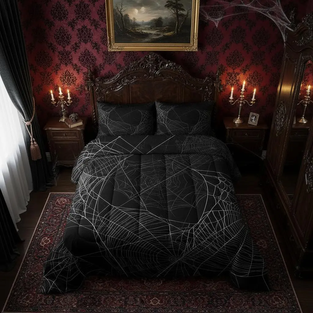 Spider Web Comforter Set Black and White Bedding Set for Kids Girls Women Adults Spider Comforter Halloween Theme Quilted Duvet Set Bedroom Collection