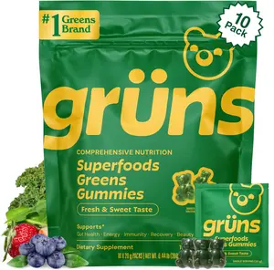 BIG SALE 2026!!!  Gruns Adults Super Greens Gummies, Multivitamin Superfood Gummy Bears, Spirulina, Chlorella, Prebiotics & Fiber Gummies for Digestive Health, Adaptogens Supplement, 20 Vitamins & Minerals, 10 Count