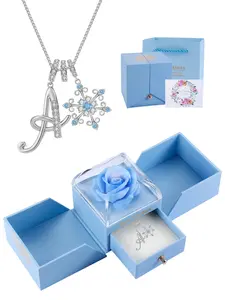 Snowflake Initial Necklace with Rose Jewelry Box, Snow Letter Pendant Necklace for Women, Birthday Christmas Jewelry Gift for Wife Mom Girlfriend Daughter