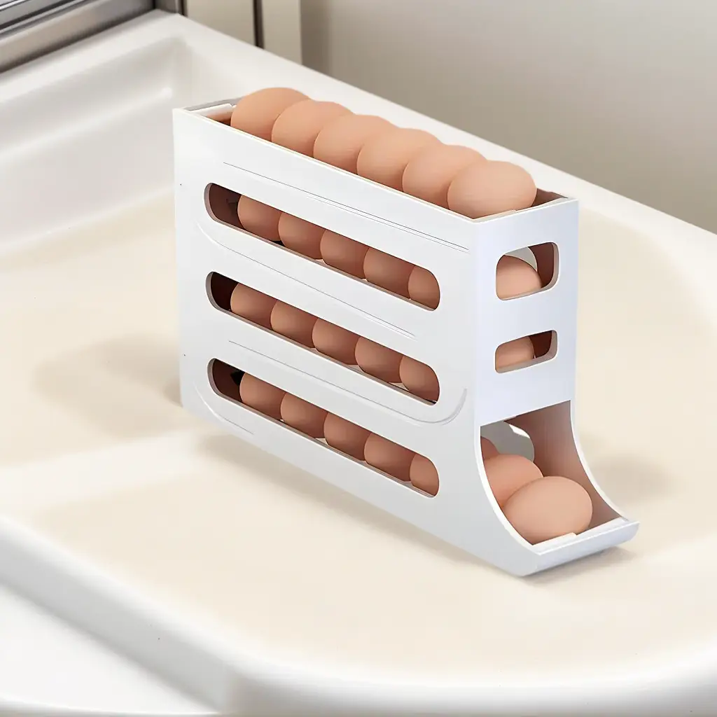 Automatic Rolling Egg Dispenser Organizer for Refrigerator, 4-Tier Space-Saving Egg Holder Tray, Holds 28 Eggs, Durable Plastic Egg Storage Rack for F