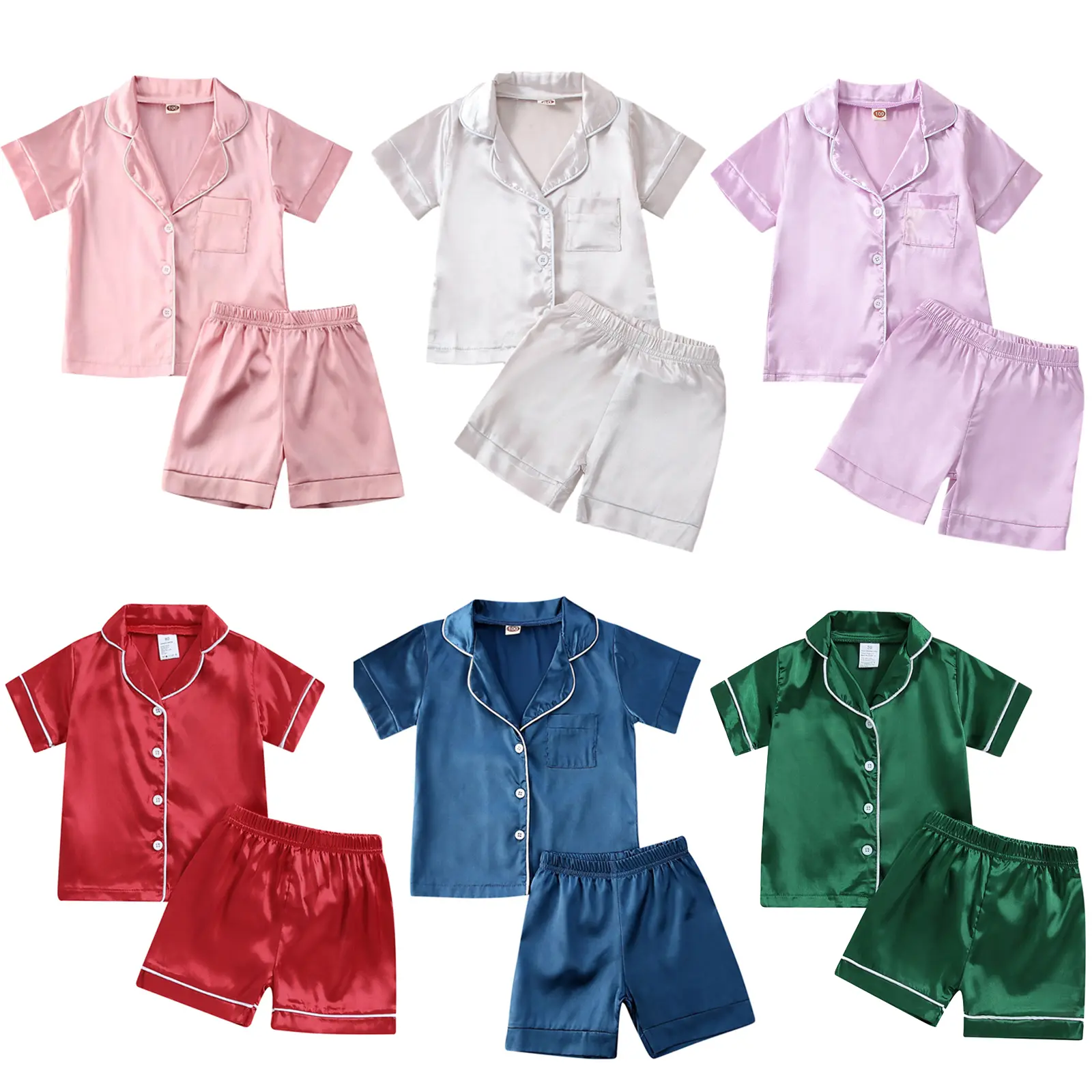 Toddler Baby Girl Boy Silk Pajamas Set Solid Color Short Sleeve Button Down Shirt Tops Elastic Waist Shorts Satin Summer Sleepwear Lounge Sets #Springtok