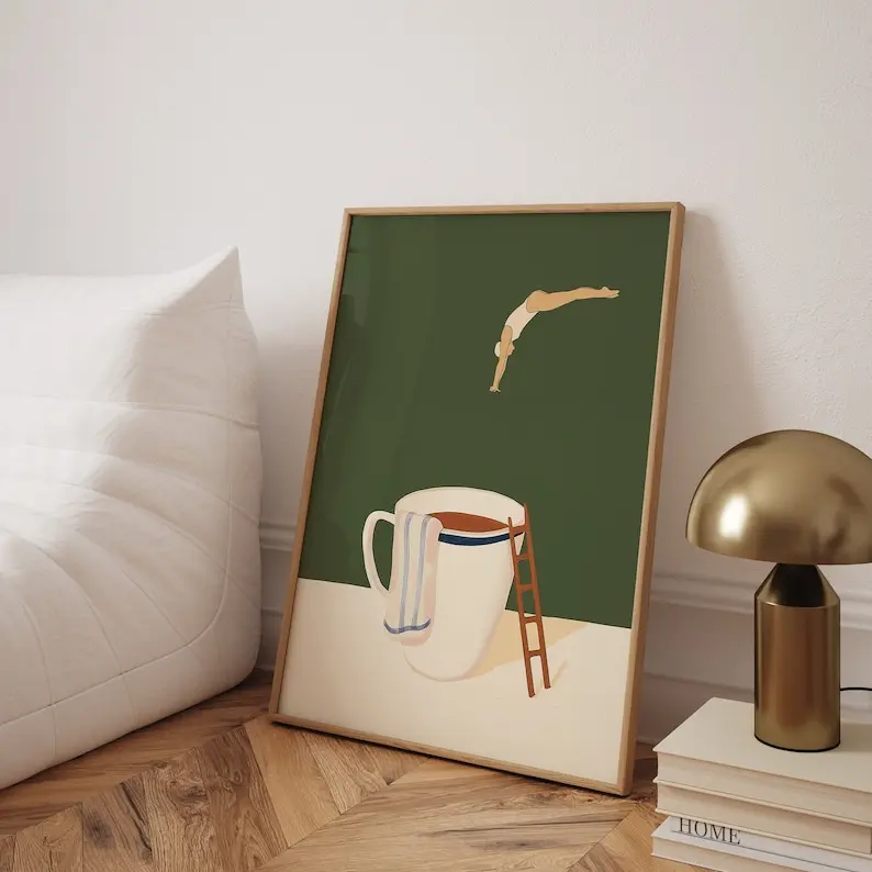 "Coffee Diver" Poster - Whimsical Mid-Century Kitchen Art Unique Retro MCM Decor Poster Unframed, Wall Art Decor