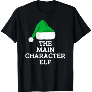 I'm The Main Character Elf Funny Christmas Pajama T-Shirt, 100% Cotton, Single Side Printed, Black Short Sleeve T-shirt, 1 pc, Christmas Halloween Thanksgiving Gift