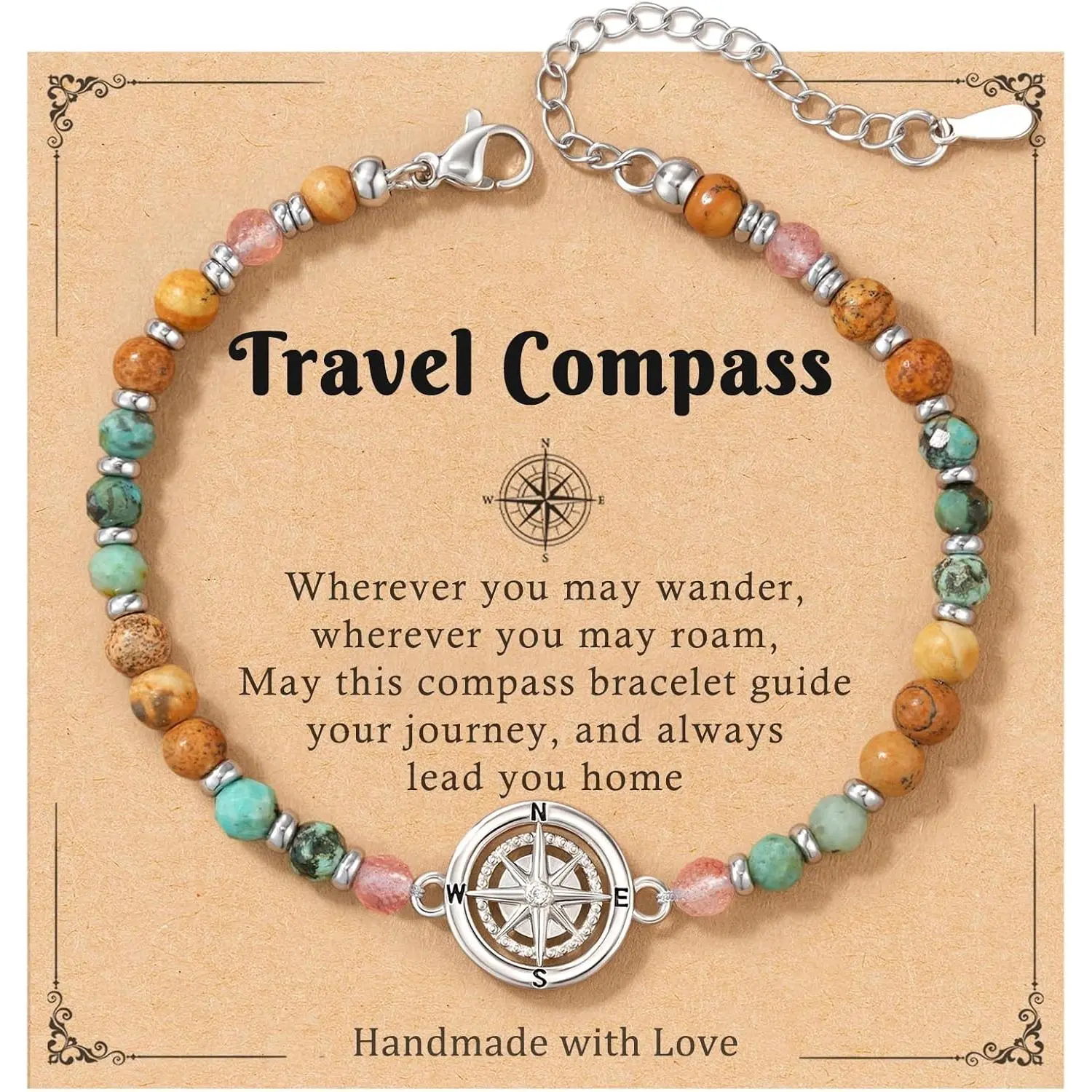 Compass Bracelet for Women, Retirement Farewell Goodbye Going Away Gift for Friend Coworkers, Travel Gifts for Women with Message Card