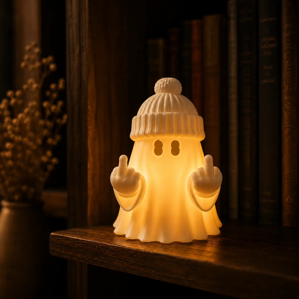 Funny Middle Finger Ghost Decor with Knit Beanie, Glowing Spooky Shelf Figurine for Desk Bookshelf Room Decor, Cheeky Halloween Gift for Friends and Ghost Lovers