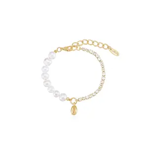 Ettika Pearl and Crystal Shell Bracelet | 18k Gold Plated with Freshwater Pearls & Glass Accents | 6" + 1" Extender | Elegant Gold-Tone Bracelet for Women