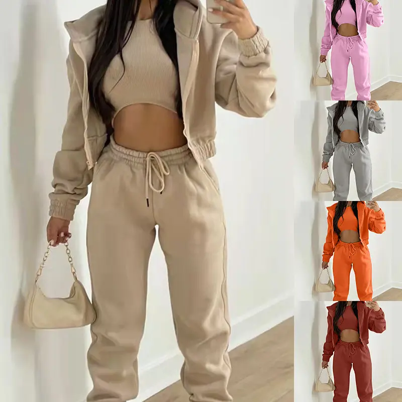 3pcs Women's Clothing Set Fleece-lined Sweater &Sleeveless Tank Top & Sports Sweatpants Pants