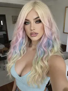 VOSILK Rainbow Highlight Long Wavy Wigs with Bangs 24inch Synthetic Heat Resistant Wigs for Daily Party Halloween Festival Uses