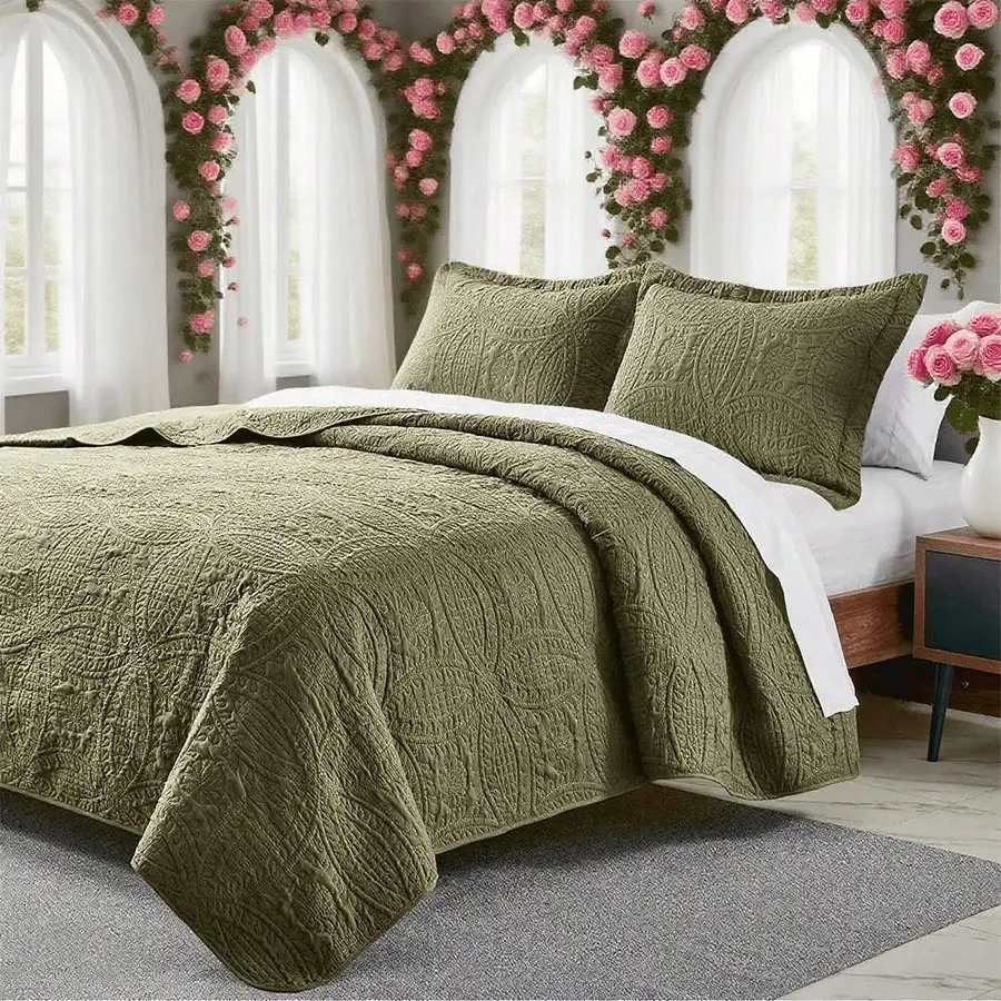 King Quilt Sets Army Green - 3 Pieces Lightweight Bedspread For King Size Bed - Soft Quilt Bedding Set - All Seasons Boho Printed Reversible Microfiber Coverlet Sets With 2 Pillow Shams,Machine Washable Suitable For School