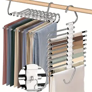 Multi-tier Metal Non-slip Organizer, 1/2 Counts Space-saving S-type Pants Holder with 5 Hangers, Wardrobe Storage Efficient Hanger, Adjustable Hooks Hanger, Pants Organizing Rack, Multifunctional Pants Rack