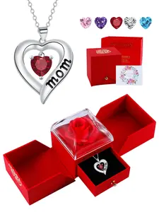 I Love Mom Necklace Rose Jewelry Gift Box, Heart Pendant Cz Birthstone Necklace for Mom, Birthday Mother's Day Christmas Present