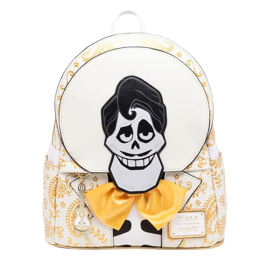 Loungefly Disney Pixar Coco Ernesto Cosplay Faux Leather Mini Backpack Purse for Women with Satin Bow & Gold Details for Casual Wear and Campus Life, Everyday Carry, Adjustable Straps