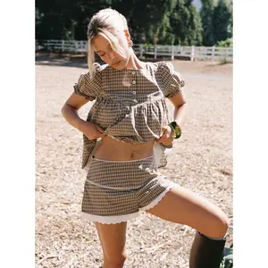 Chandelier Mini Lace Trim Shorts Brown Check