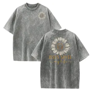 Jesus Saved My Life Flower Cross Printed T-shirt, Women's Casual Round Neck Short Sleeve Top, Soft Fabric, White with Black and Gold Pattern Design, Suitable for Spring and Summer Fit Hoodie Green Comfort Fl
