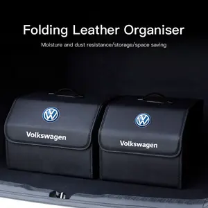Car Emblem Leather Trunk Storage Box, Car Storage Organizers, Portable Foldable Multiuse Organizer Bag Auto Interior Accessories For VW Atlas Jetta Touareg Golf Polo GTI Passat Tiguan Arteon Taigo
