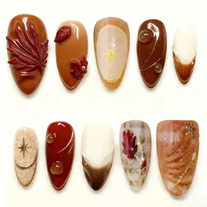 30pcs Detachable Press-On Nails, Almond Shape, Glossy Finish, Maple Leaf Design, High-Quality False Nails for Daily Use, Nail Tips Art