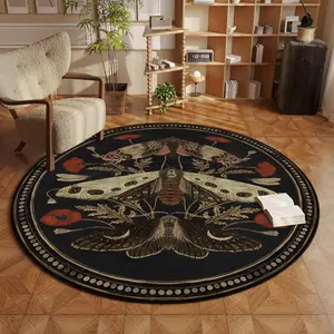 Round Vintage Insect Floral Carpet, Bohemian Style Rugs, Luxury Foldable Washable Soft Plush for Living Room Bedroom Sofa Study Area Closet Bedside