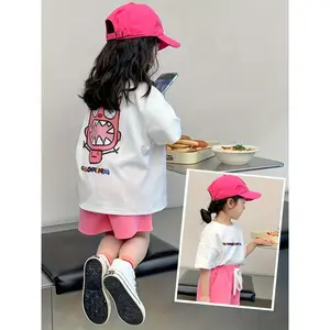 Little girl's summer short-sleeve outfit, stylish and trendy sports clothing for girls aged 3 years, 0.2kg piece set with cartoon monster pattern