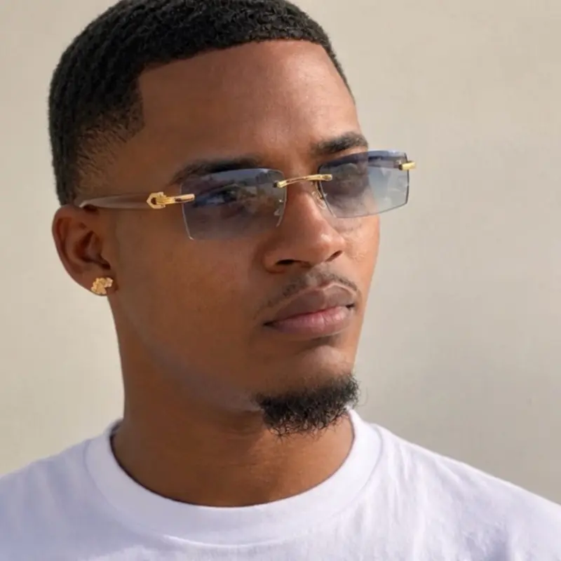 Men’s Gold Rimless Rectangle Hip Hop Sunglasses with Gray Gradient Lenses and Wood Grain Temples