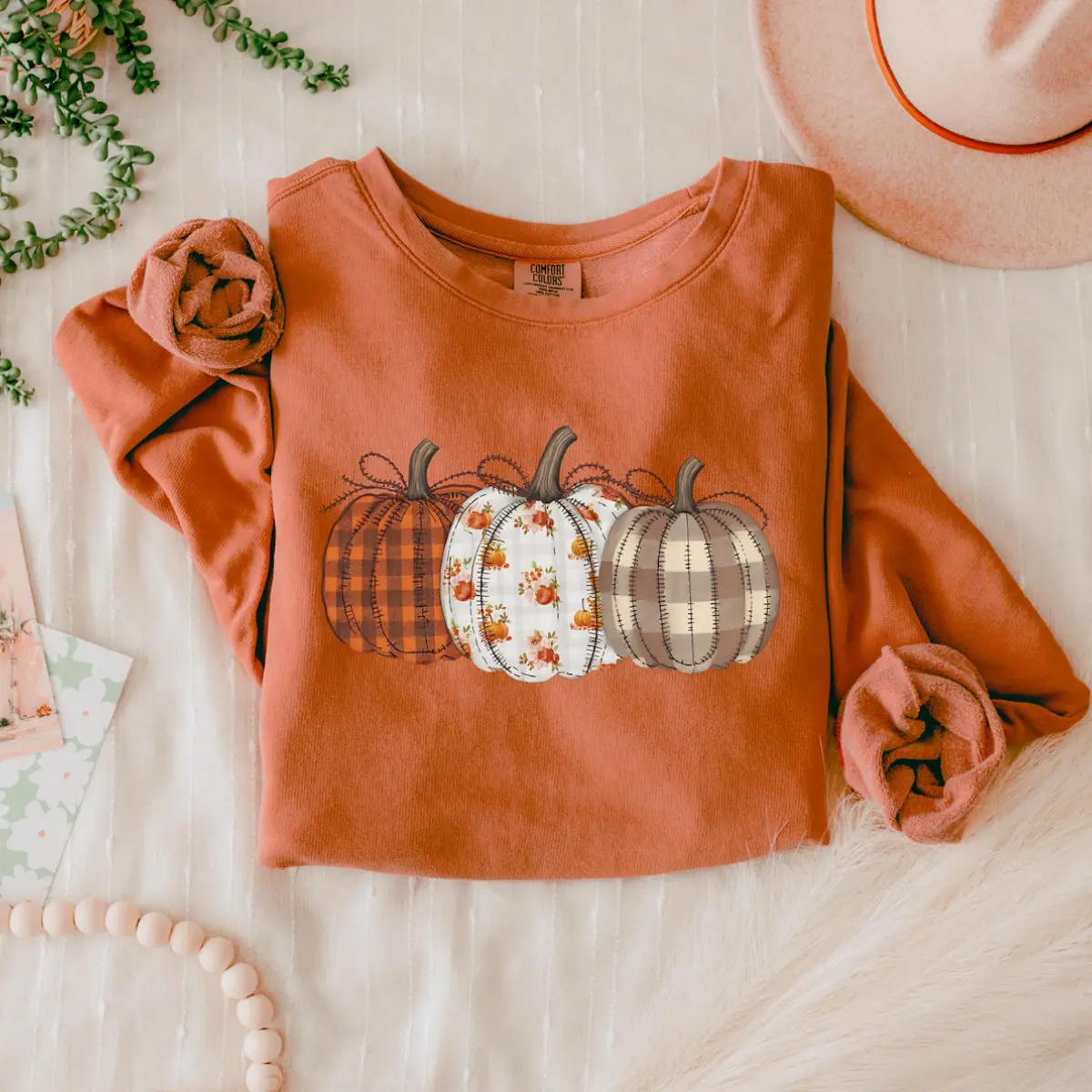 ( FAUX PATCHWORK-PRINT ) Cute Patterned Pumpkins, Autumn, Fall, Plaid, Halloween Sweatshirt, Spooky, Witch, Pumpkin, Halloween, Women Cotton Soft Oversized Sweatshirt Crewneck Long Sleeve, Women Cotton Soft Oversized Sweatshirt Crewneck Long Sleeve