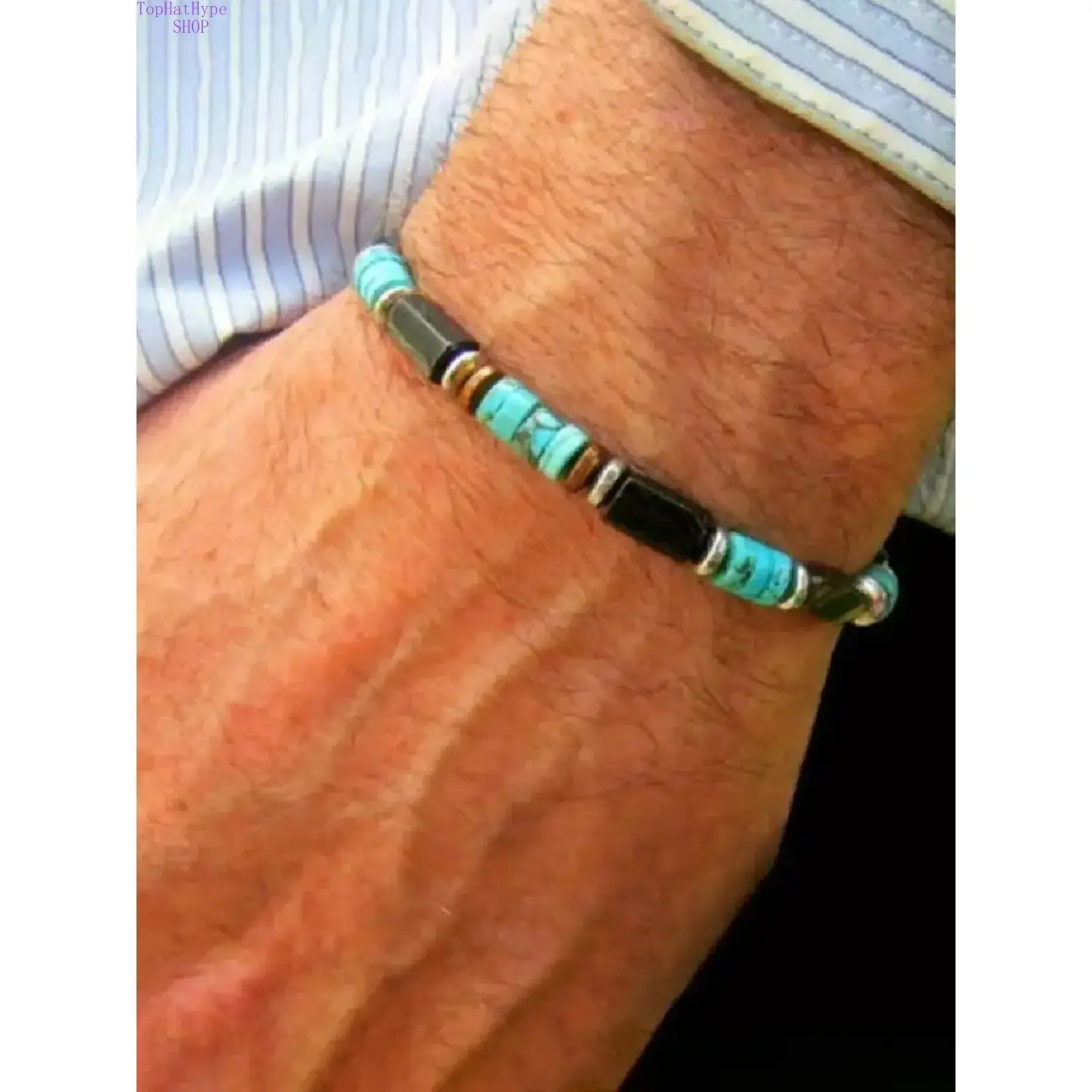 Vintage Geometric Stone Beaded Bracelet with Black Agate & Imitation Turquoise, Boho Stretch Arm Candy Accessory for Women, Unisex Handmade Jewelry, Bracelets For Women, Turquoise Jewelry, Geometric Pattern